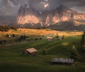 Włochy, Drewniane, Drzewa, Domki, Sassolungo, Góry, Płaskowyż Seiser Alm, Dolina, Dolomity, Val Gardena