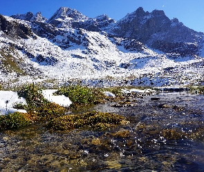 Rzeka, Góry, Zima, Ośnieżone