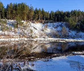 Śnieg, Wzgórze, Rzeka, Zima, Las, Drzewa