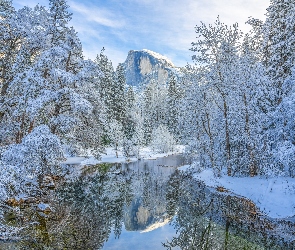 Park Narodowy Yosemite, Kalifornia, Drzewa, Stany Zjednoczone, Zima, Góra Half Dome, Rzeka, Merced River, Góry