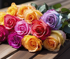 Róże, Fioletowe, Bukiet, Kwiaty, Żółte, Różowe