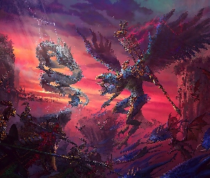 Walka, Rycerze, Total War Warhammer 3, Potwory, Smok, Gra, Gryf