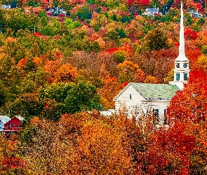 Vermont, Stowe Community Church, Stany Zjednoczone, Kościół, Drzewa, Stowe, Jesień, Domy
