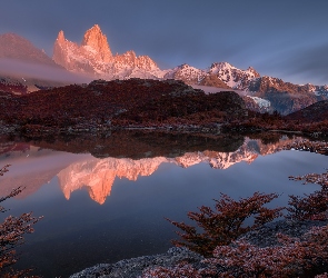 Patagonia, Fitz Roy, Argentyna, Góra, Drzewa, Park Narodowy Los Glaciares, Odbicie, Jezioro