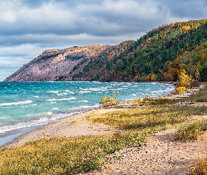 Esch Beach, Jezioro, Plaża, Góry, Stan Michigan, Trawy, Stany Zjednoczone, Lake Michigan