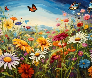 Grafika, Motyle, Kwiaty, Łąka