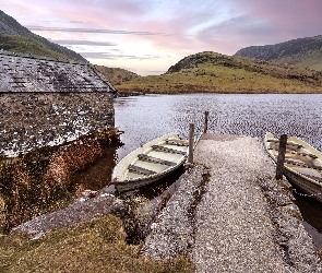 Jezioro, Góry, Dwie, Llyn y Dywarchen Lake, Pomost, Walia, Łodzie