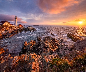 Stan Maine, Latarnia morska, Stany Zjednoczone, Skały, Cape Elizabeth, Morze, Wschód słońca, Portland Head Light