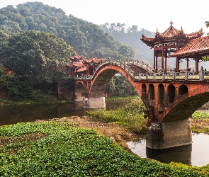 Chengdu, Roślinność, Rzeka, Chiny, Drzewa, Most, Góry