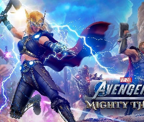 Marvels Avengers, Jane Thor, Gra, Postać, Bohaterowie, Mighty Thor, Plakat, Błyskawice