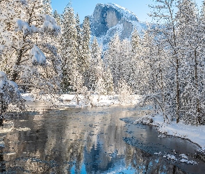 Stany Zjednoczone, Zima, Rzeka, Drzewa, Merced River, Half Dome, Kalifornia, Park Narodowy Yosemite, Góra