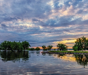 Stany Zjednoczone, Chmury, Chatfield Lake, Niebo, Drzewa, Jezioro, Kolorado, Park stanowy, Chatfield State Park