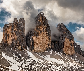 Śnieg, Cima Piccola, Cima Grande, Chmury, Dolomity, Tre Cime di Lavaredo, Trzy, Szczyty, Włochy, Cima Ovest