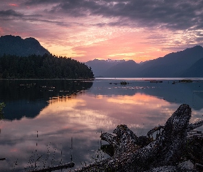 Konar, Pitt Lake, Wschód słońca, Kanada, Jezioro, Poranek, Góry