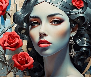 Kobieta, 2D, Róże, Czerwone, Czarnowłosa