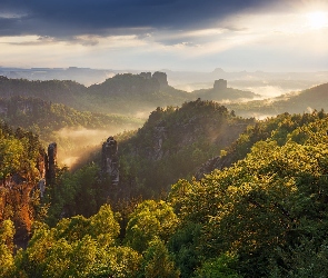 Góry, Mgła, Drzewa, Skały, Wschód słońca