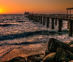 Morze, Republika Namibii, Swakopmund, Afryka, Namibia, Zachód słońca, Ocean Atlantycki, Molo, Kamienie