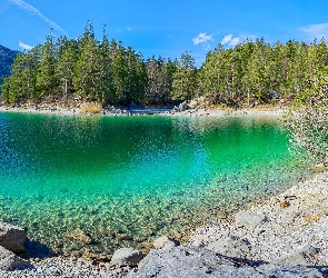 Niemcy, Bawaria, Jezioro Eibsee, Góry, Drzewa, Kamienie