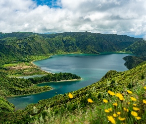 Wyspa, Sao Miguel, Lagoa de Fodo, Portugalia, Azory, Jezioro, Góry