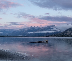 Góry, Jezioro, Wschód słońca, Mgła, Park Narodowy Jasper, Opadająca, Kanada, Jasper Lake