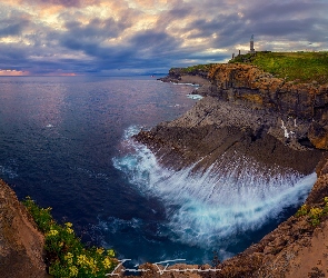 Morze, Kantabria, Faro Cabo Mayor, Hiszpania, Santander, Latarnia morska, Skały, Fala, Wybrzeże