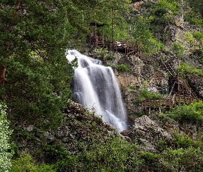 Kamyshlinsky Waterfall, Schody, Wodospad, Drzewa, Ałtaj, Skały, Rosja, Skały