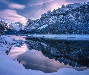 Gosausee, Jezioro, Góry, Zima, Dachstein, Austria, Alpy