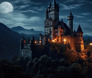 Noc, Grafika, Góry, Księżyc, Zamek