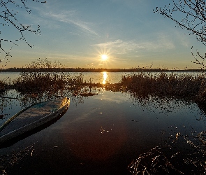 Łódka, Zachód słońca, Jesień, Trawa, Jezioro