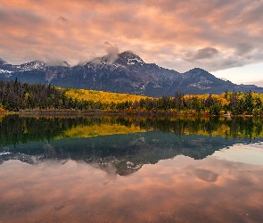 Kanada, Drzewa, Jesień, Odbicie, Góry, Patricia Lake, Prowincja Alberta, Park Narodowy Jasper, Jezioro