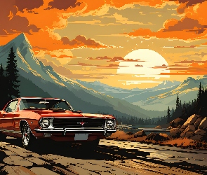 Droga, Grafika 2D, Zachód słońca, Góry, Samochód