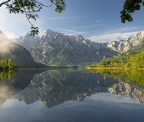 Austria, Odbicie, Jezioro, Góry, Almsee, Drzewa