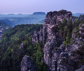 Saska Szwajcaria, Formacja skalna, Skały, Niemcy, Drzewa, Góry Połabskie, Domy