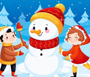 Dzieci, Świąteczne, Zima, Uśmiechy, Mikołaj, Grafika 2D, Bałwan
