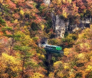 Tunel, Drzewa, Skały, Jesień, Pociąg