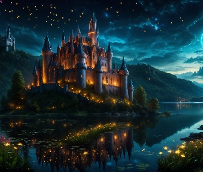 Zamek, Grafika, Noc, Jezioro, Oświetlony