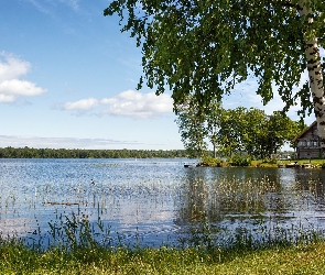 Jezioro, Łódka, Trawa, Rosja, Pomost, Brzozy, Lake Onega, Dom, Drzewa