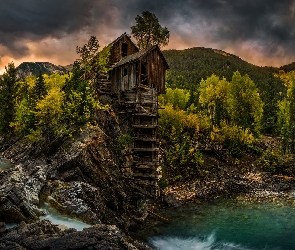 Stany Zjednoczone, Chmury, Ciemne, Kolorado, Rzeka, Crystal Mill, Crystal River, Skały, Młyn, Drzewa