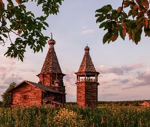 Obwód archangielski, Kiprovo, Łąka, Rosja, Gałęzie, Cerkiew św Jana Chryzostoma, Drzewa