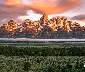 Stan Wyoming, Chmury, Góry Teton Range, Stany Zjednoczone, Mgła, Park Narodowy Grand Teton, Drzewa