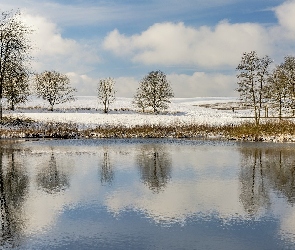 Śnieg, Odbicie, Jezioro, Drzewa, Zima