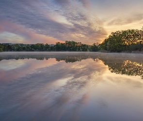 Niemcy, Dolina Wittlicha, Drzewa, Wschód słońca, Las, Jezioro Sterenbachsee