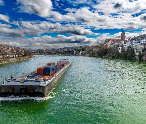 Barka, Statek, Bazylea, Domy, Most, Szwajcaria, Rzeka Ren