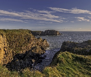 Aberdeenshire, Wybrzeże, Skały, Szkocja, Trawa, Morze, Klif