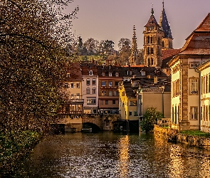 Niemcy, Esslingen, Domy, Rzeka Neckar, Kościół, Drzewa