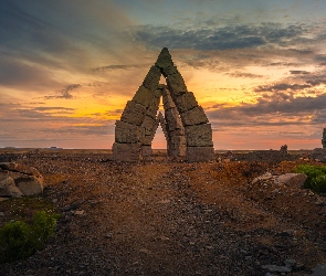 Islandia, Raufarhofn, Kamienie, Zachód słońca, Łuki skalne, Arctic Henge