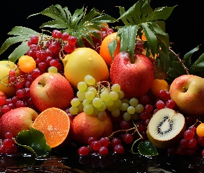 Cytrusy, Czerwone, Owoce, Białe, Pomarańcze, Jabłka, Liście, Winogrona