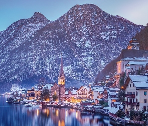 Hallstatt, Śnieg, Hallstattersee Lake, Austria, Kościół, Jezioro, Góry
