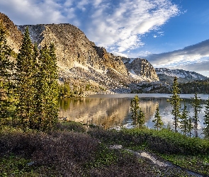 Snowy Range, Chmury, Góry, Drzewa, Wyoming, Jezioro, Stany Zjednoczone, Odbicie