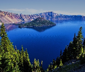 Oregon, Park Narodowy Jeziora Kraterowego, Wyspa Czarodzieja, Stany Zjednoczone, Drzewa, Jezioro Kraterowe, Góry